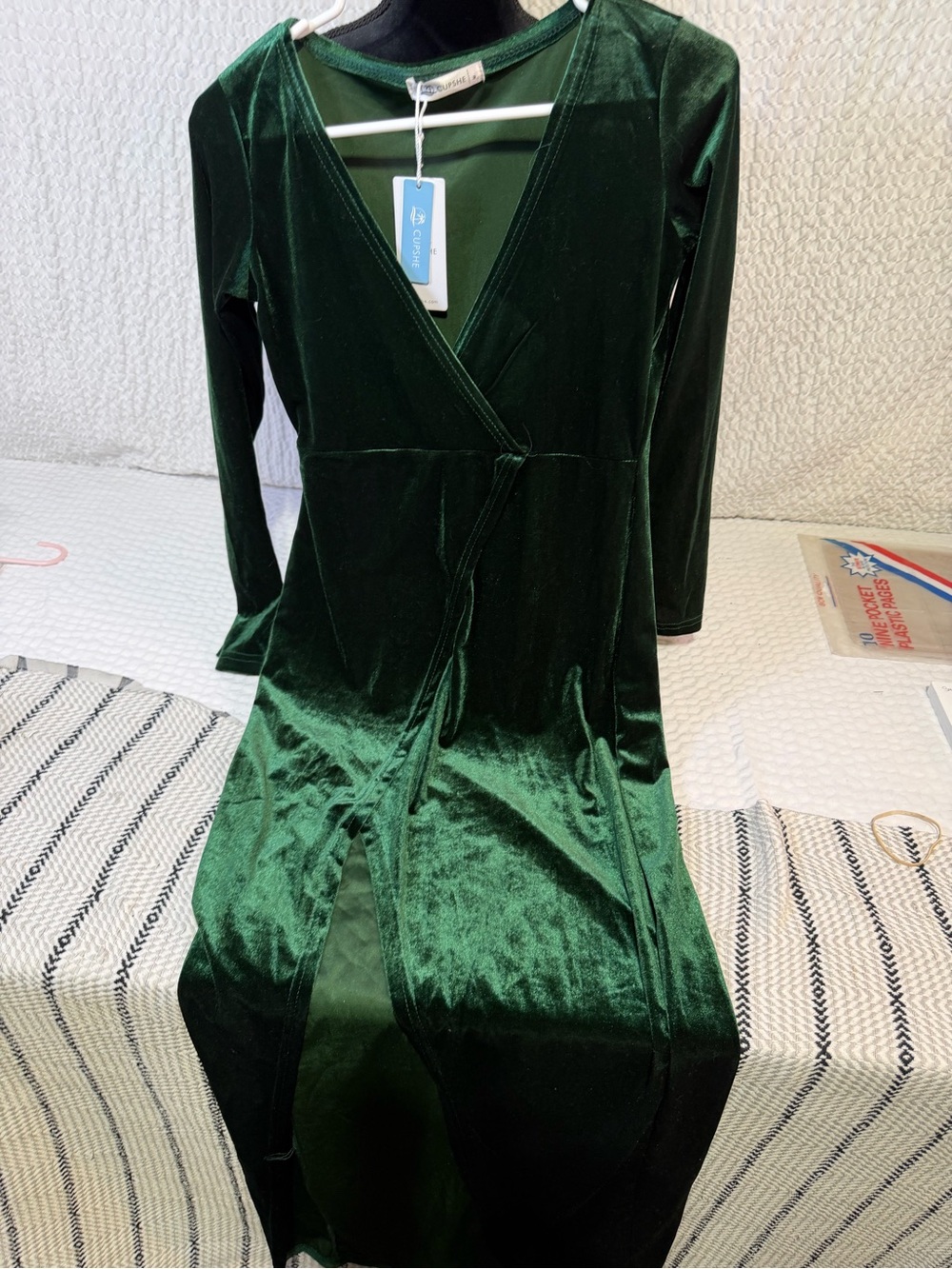 Cupshe Dark Green Velvet Wrap Maxi Dress